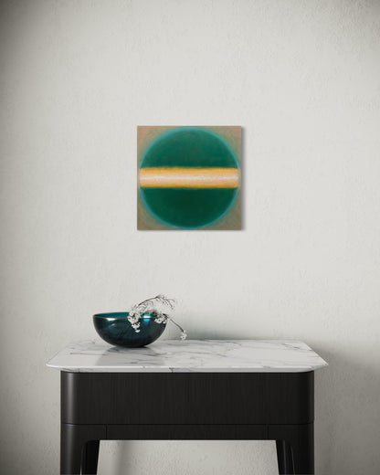 The Fervency Print is a abstract green and yellow orb painting by William Ballard Art