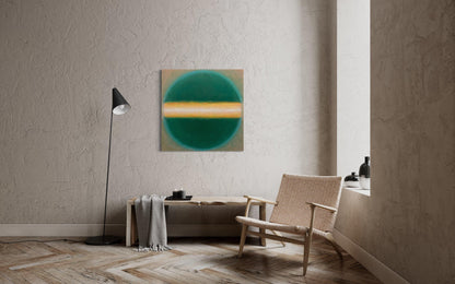 The Fervency Print is a abstract green and yellow orb painting print by William Ballard Art